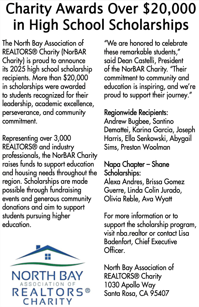 Press piece headed 'Charity Awards Over $20,000 in High School Scholarships', listing the 2025 recipients by chapter.